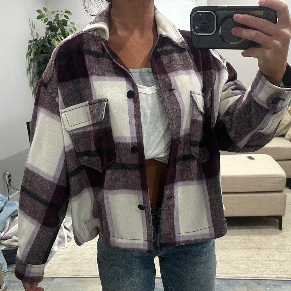 Zara Purple Check Plaid Wool-Blend Overshirt Shacket